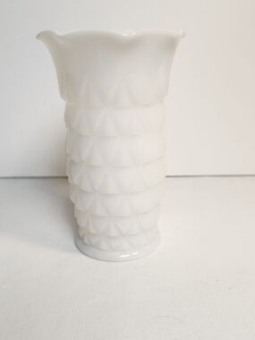 HAZEL ATLAS Milk Glass Vase 5.75" Diamond Quilt Pattern